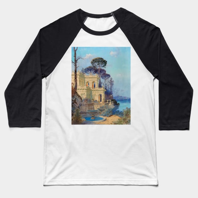 Villa, a Fountain by the Lake in the Foreground by Ferdinand Knab Baseball T-Shirt by Classic Art Stall